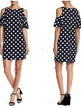 Eliza J Womens Navy Polka Dot Round Neck Cold Shoulder Sleeve Mini Dress Size 0
